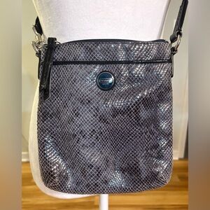Coach, Snakeskin Patterned Crossbody Messenger Bag, Metallic Gray